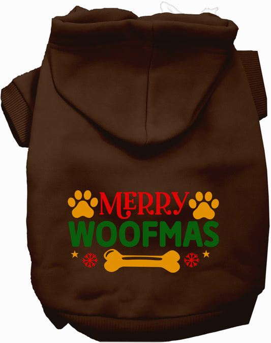 Brown Merry Woofmas pet hoodie with festive design