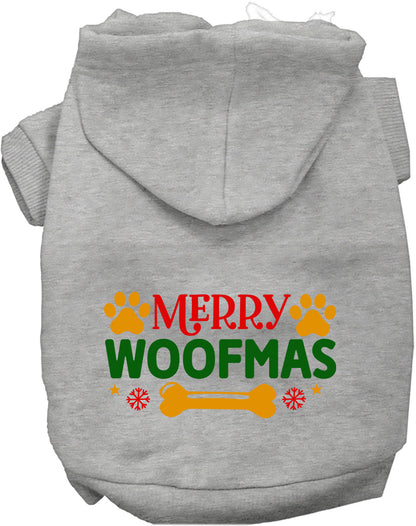 Gray Merry Woofmas pet hoodie with festive design