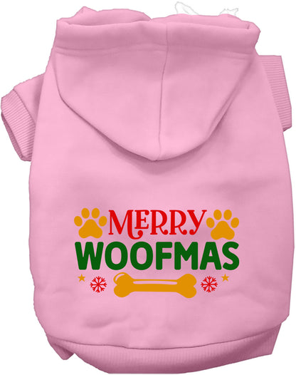 Light pink Merry Woofmas pet hoodie with festive design