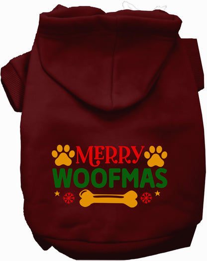 Maroon Merry Woofmas pet hoodie with festive design