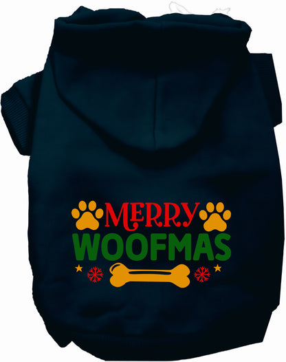 Navy Merry Woofmas pet hoodie with festive design