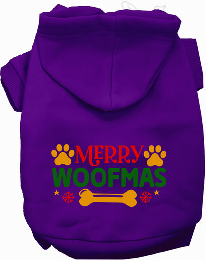 Purple Merry Woofmas pet hoodie with festive design