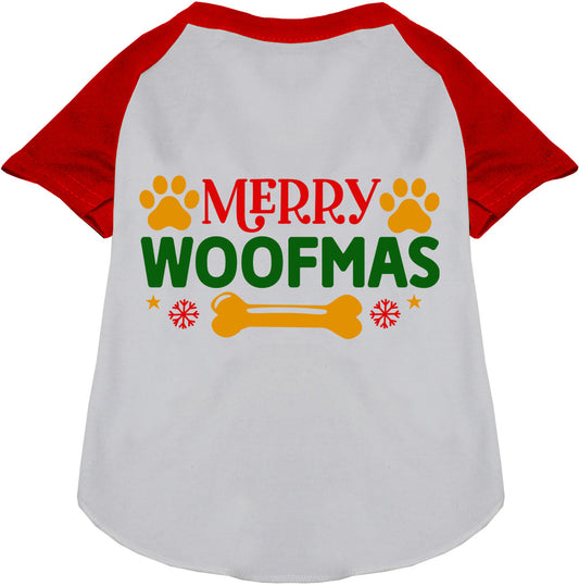 Red Merry Woofmas pet raglan shirt