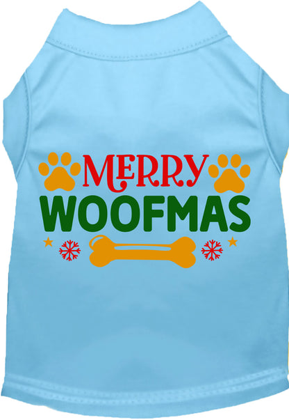 Blue Merry Woofmas pet shirt with festive design