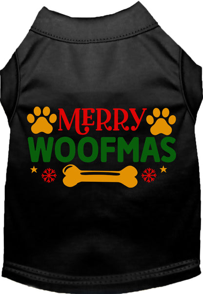 Black Merry Woofmas pet shirt with festive design