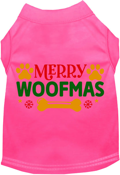 Pink Merry Woofmas pet shirt with festive design