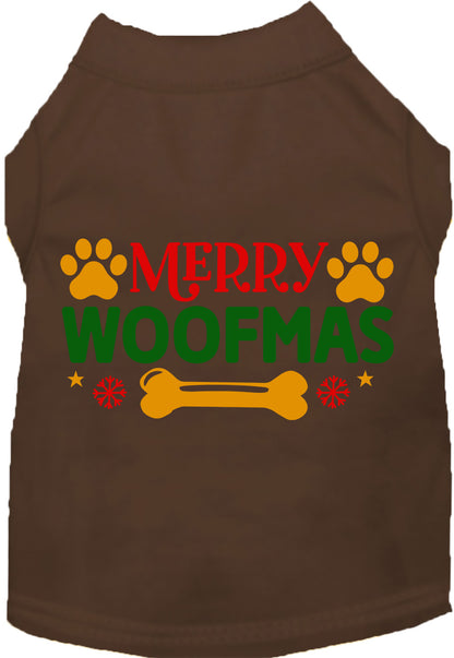 Brown Merry Woofmas pet shirt with festive design