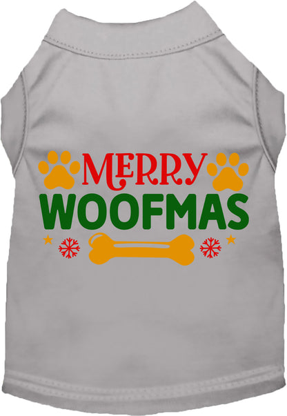 Gray Merry Woofmas pet shirt with festive design