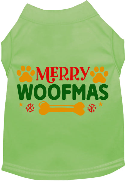 Green Merry Woofmas pet shirt with festive design