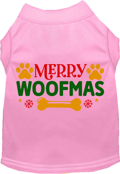 Light pink Merry Woofmas pet shirt with festive design