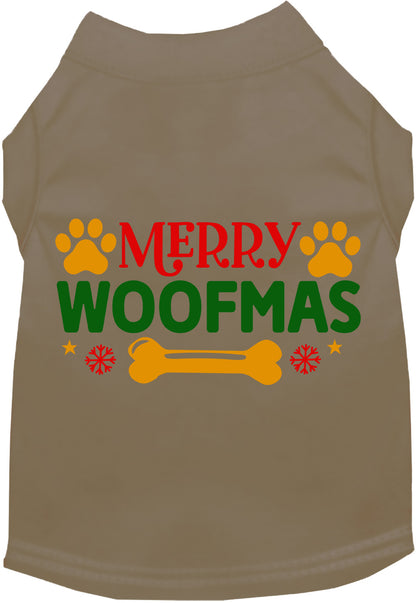 Tan Merry Woofmas pet shirt with festive design