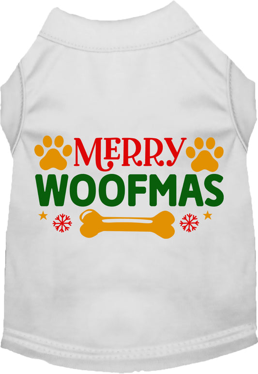 White Merry Woofmas pet shirt with festive design