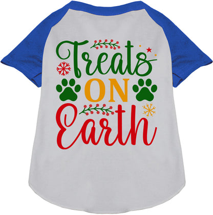 Blue-sleeved Treats on Earth pet raglan shirt