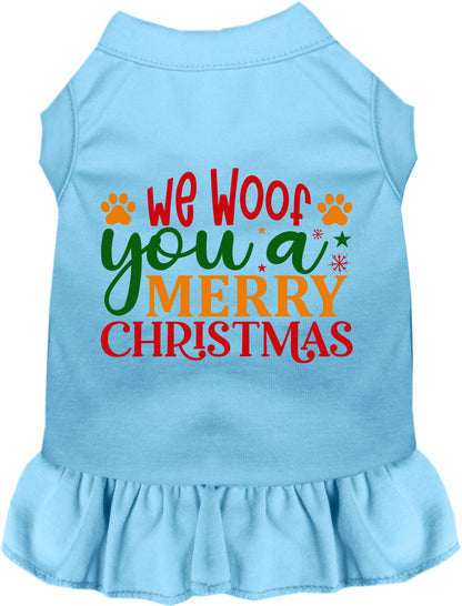 Blue pet dress with 'We Woof You a Merry Christmas' design