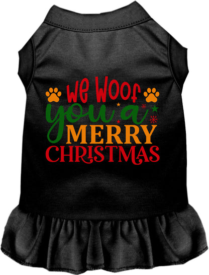 Black pet dress with 'We Woof You a Merry Christmas' design