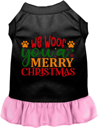 Black pet dress with pink skirt and Christmas design