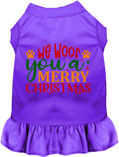 Purple pet dress with 'We Woof You a Merry Christmas' design