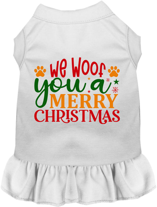 White pet dress with 'We Woof You a Merry Christmas' design