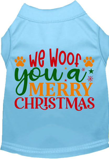 Light blue Christmas pet shirt with 'We Woof You a Merry Christmas' design