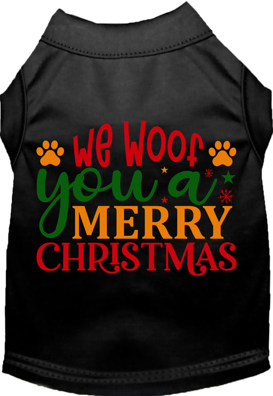 Black Christmas pet shirt with 'We Woof You a Merry Christmas' design