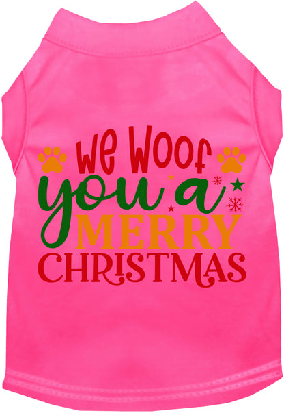 Hot pink Christmas pet shirt with 'We Woof You a Merry Christmas' design