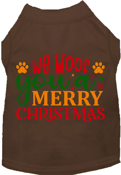 Brown Christmas pet shirt with 'We Woof You a Merry Christmas' design