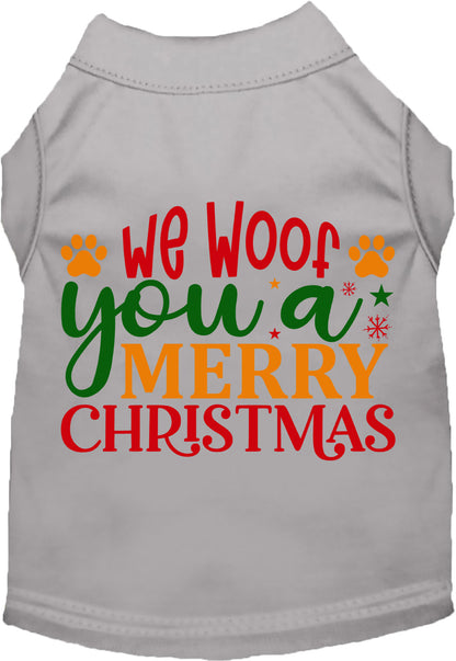 Gray Christmas pet shirt with 'We Woof You a Merry Christmas' design