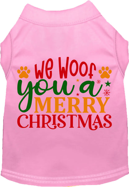 Pink Christmas pet shirt with 'We Woof You a Merry Christmas' design