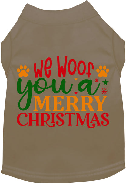 Tan Christmas pet shirt with 'We Woof You a Merry Christmas' design