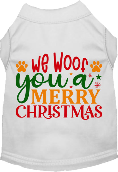 White Christmas pet shirt with 'We Woof You a Merry Christmas' design