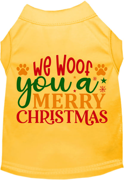 Yellow Christmas pet shirt with 'We Woof You a Merry Christmas' design