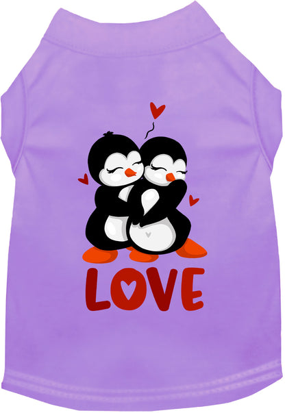 Lavender Penguin Love Pet Shirt with hugging penguins