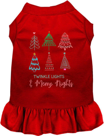 Red pet dress with twinkle lights and merry nights design