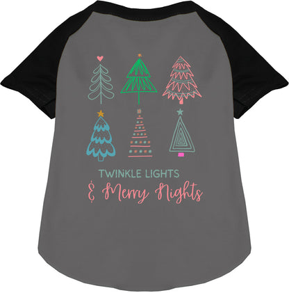 Black sleeve pet raglan shirt with festive tree design