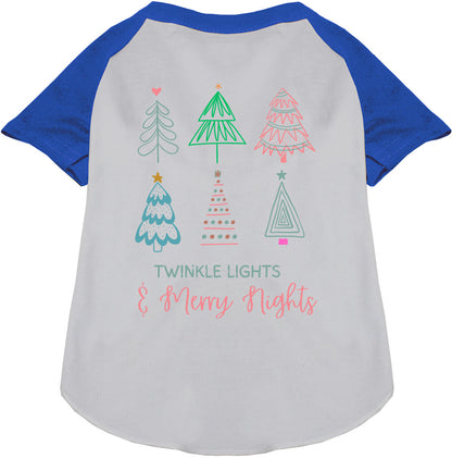 Blue sleeve pet raglan shirt with festive tree design