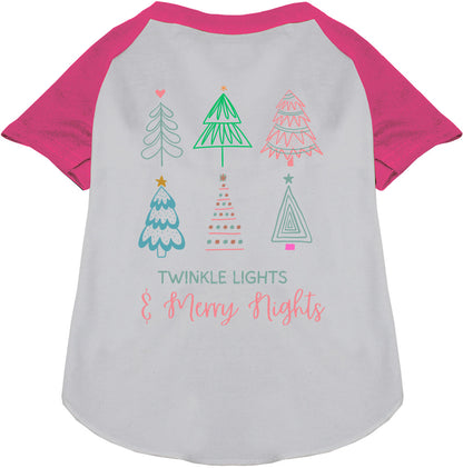 Pink sleeve pet raglan shirt with festive tree design