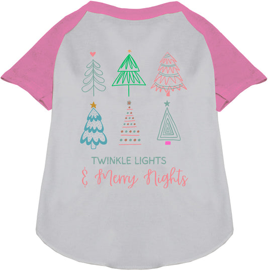 Pink sleeve pet raglan shirt with festive tree design