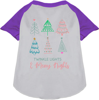 Purple sleeve pet raglan shirt with festive tree design