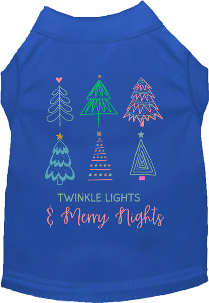 Blue pet shirt featuring holiday tree designs