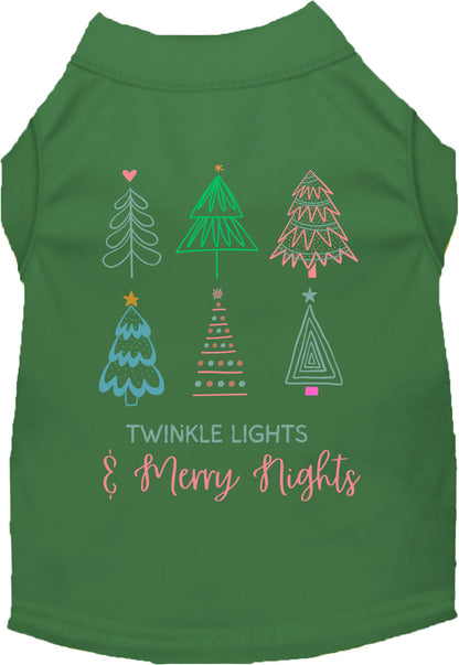 Green pet shirt with festive tree illustrations