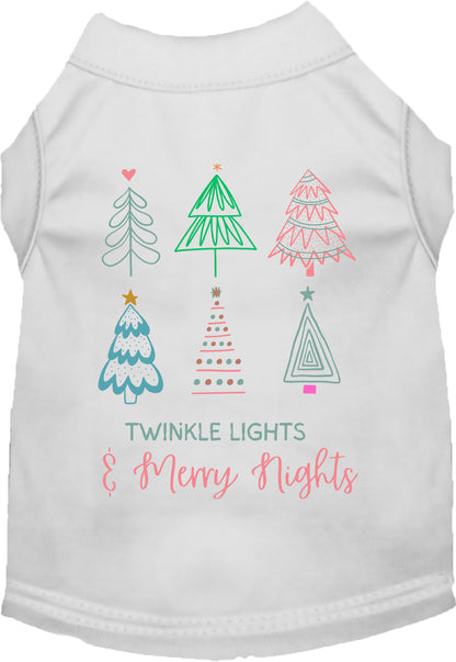 White pet shirt with festive tree graphics