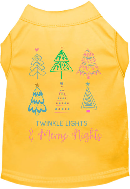 Yellow pet shirt featuring holiday tree designs