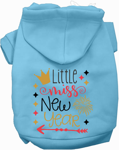 Light blue Little Miss New Year pet hoodie with festive design