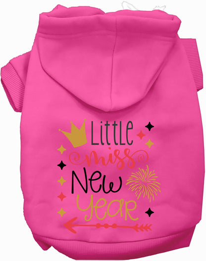 Pink Little Miss New Year pet hoodie with festive design