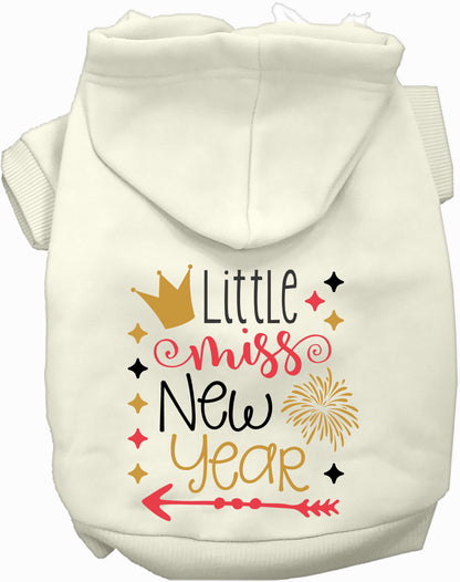 Cream Little Miss New Year pet hoodie with festive design