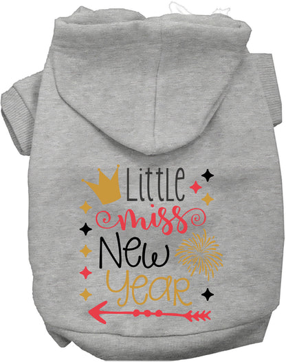 Gray Little Miss New Year pet hoodie with festive design