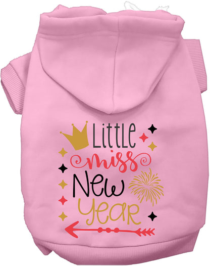 Light pink Little Miss New Year pet hoodie with festive design