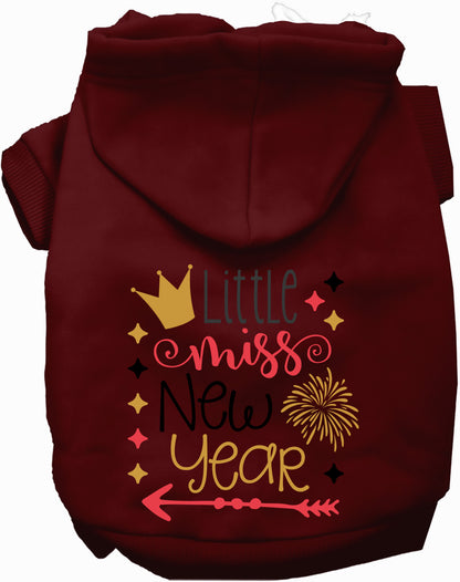 Maroon Little Miss New Year pet hoodie with festive design