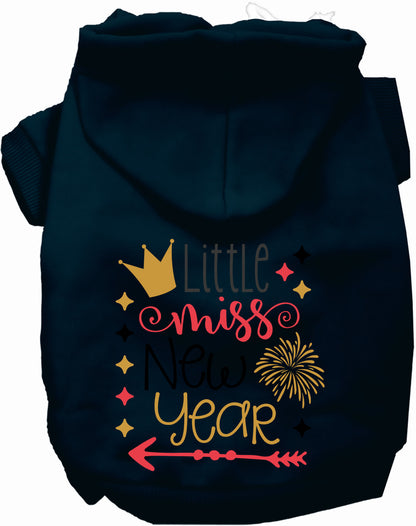 Black Little Miss New Year pet hoodie with festive design