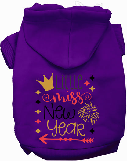 Purple Little Miss New Year pet hoodie with festive design